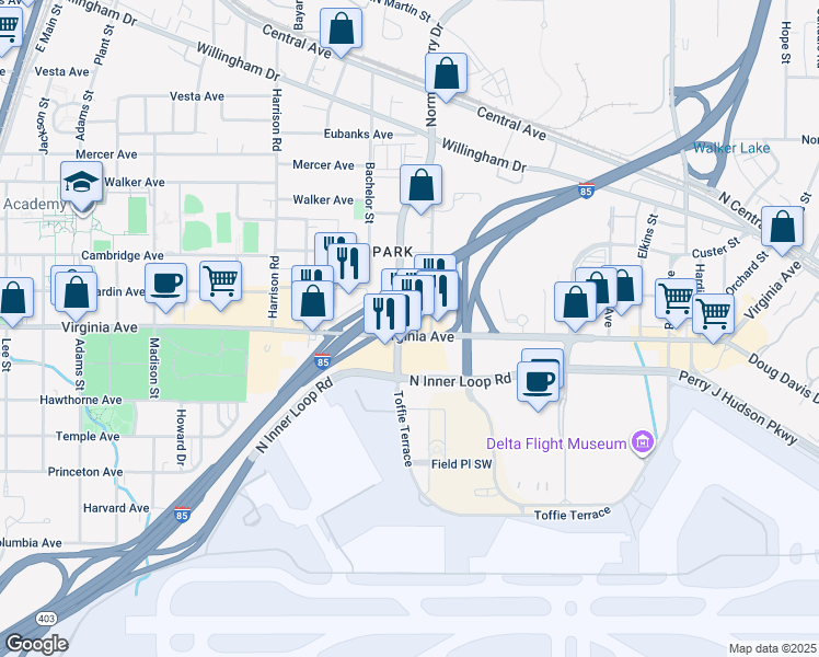 map of restaurants, bars, coffee shops, grocery stores, and more near 1230 Virginia Avenue in East Point