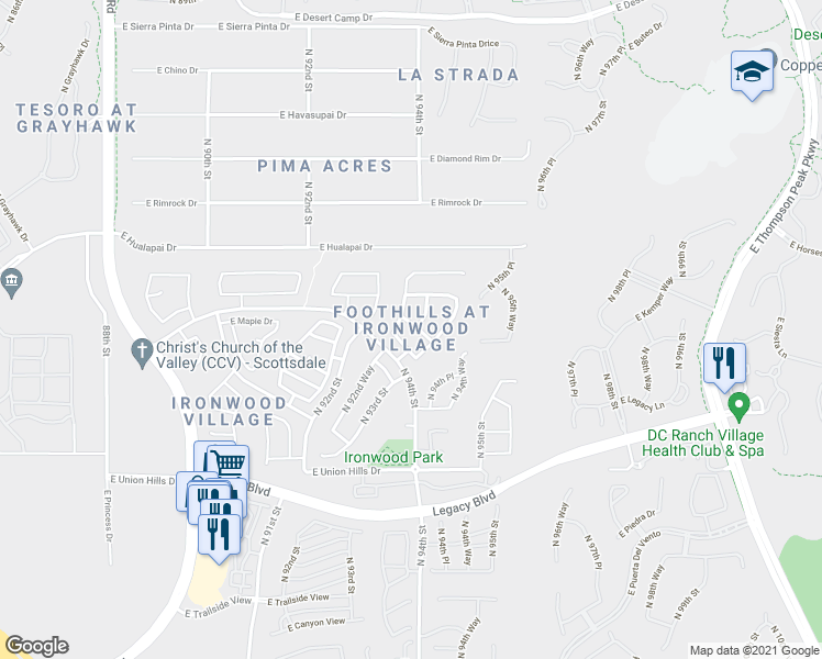 map of restaurants, bars, coffee shops, grocery stores, and more near 9389 East Maple Drive in Scottsdale