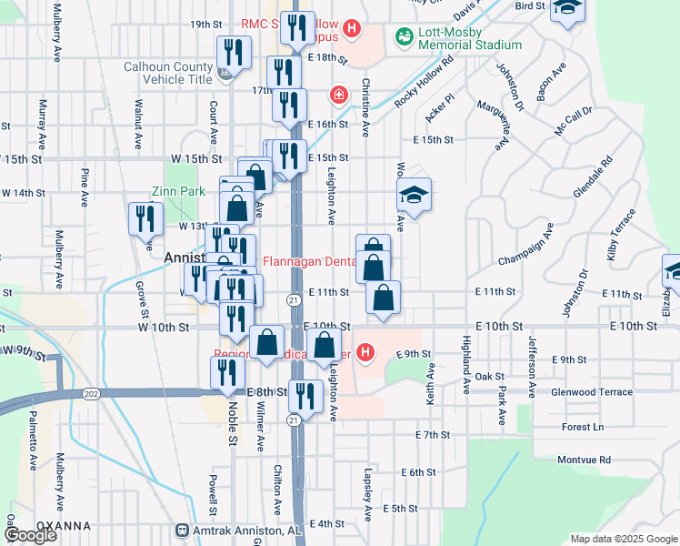 map of restaurants, bars, coffee shops, grocery stores, and more near 1119 Leighton Avenue in Anniston
