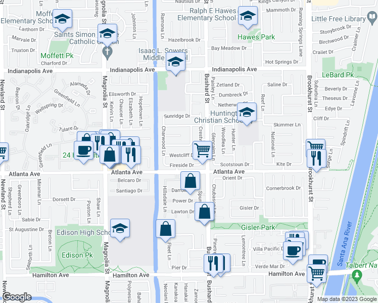 map of restaurants, bars, coffee shops, grocery stores, and more near 9391 Westcliff Drive in Huntington Beach