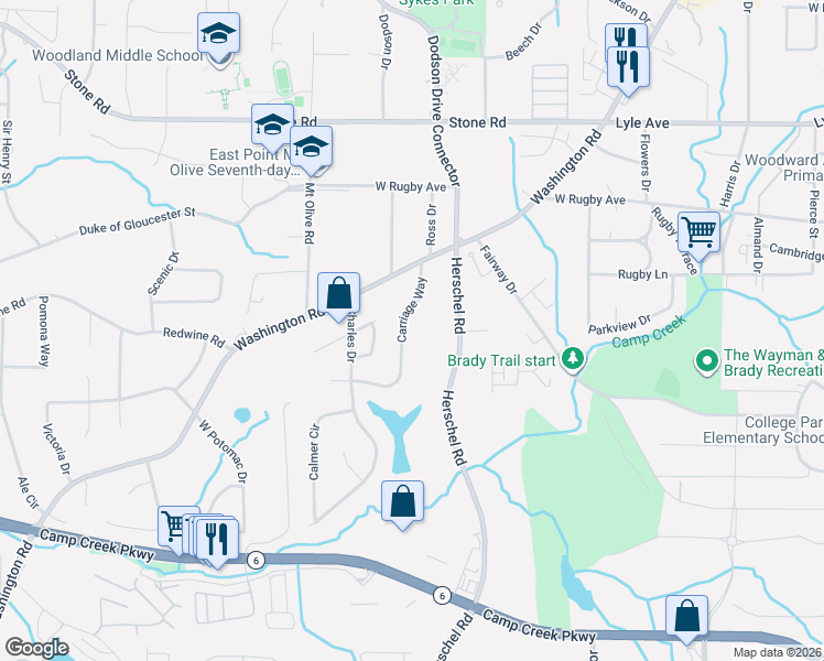map of restaurants, bars, coffee shops, grocery stores, and more near 3552 Carriage Way in Atlanta