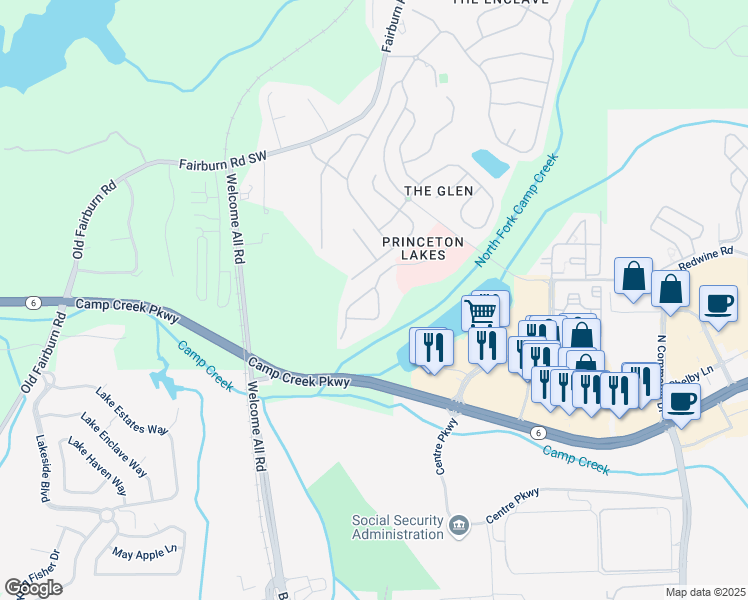 map of restaurants, bars, coffee shops, grocery stores, and more near 3930 Princeton Lakes Pass SouthWest in Atlanta