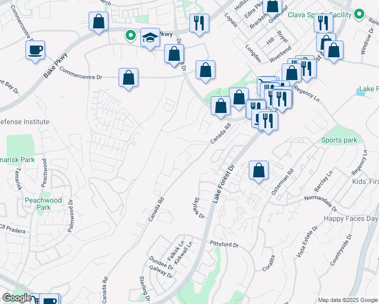 map of restaurants, bars, coffee shops, grocery stores, and more near 26058 Serrano Court in Lake Forest