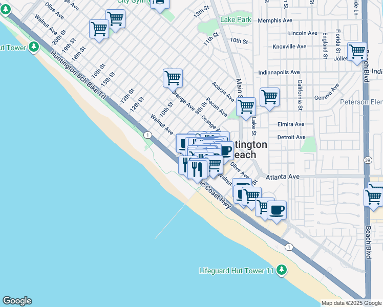 map of restaurants, bars, coffee shops, grocery stores, and more near 123 6th Street in Huntington Beach