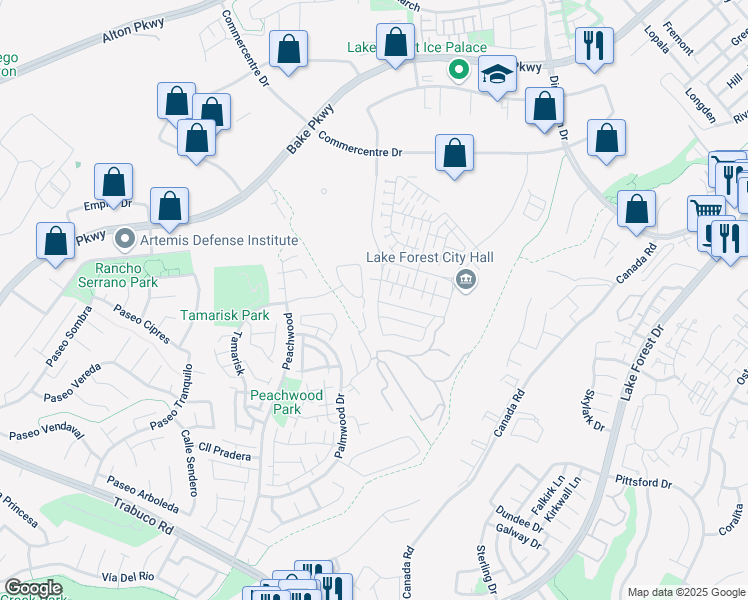 map of restaurants, bars, coffee shops, grocery stores, and more near 545 Serrano Summit Drive in Lake Forest
