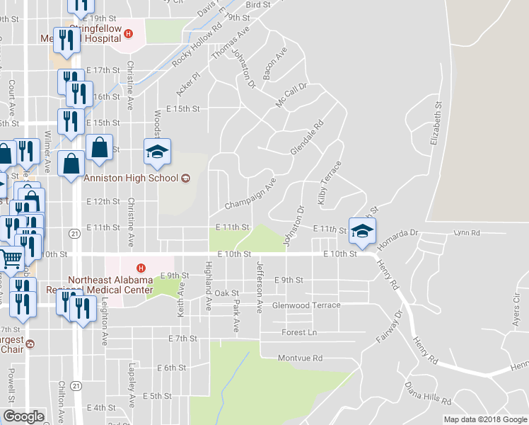 map of restaurants, bars, coffee shops, grocery stores, and more near 1122 Altamont Road in Anniston