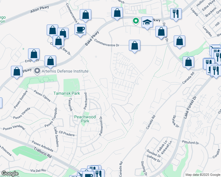map of restaurants, bars, coffee shops, grocery stores, and more near 545 Serrano Summit Drive in Lake Forest