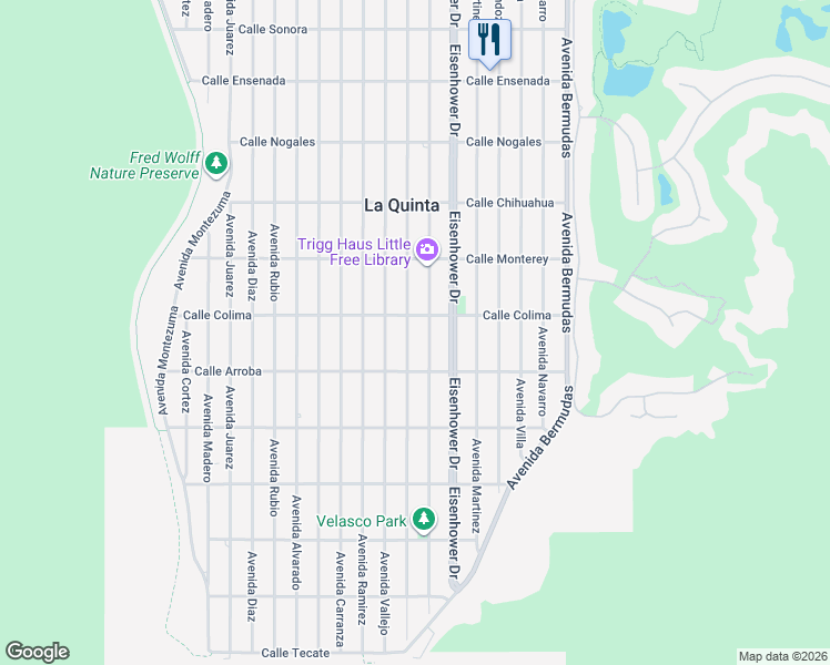 map of restaurants, bars, coffee shops, grocery stores, and more near 53560 Avenue Herrera in La Quinta