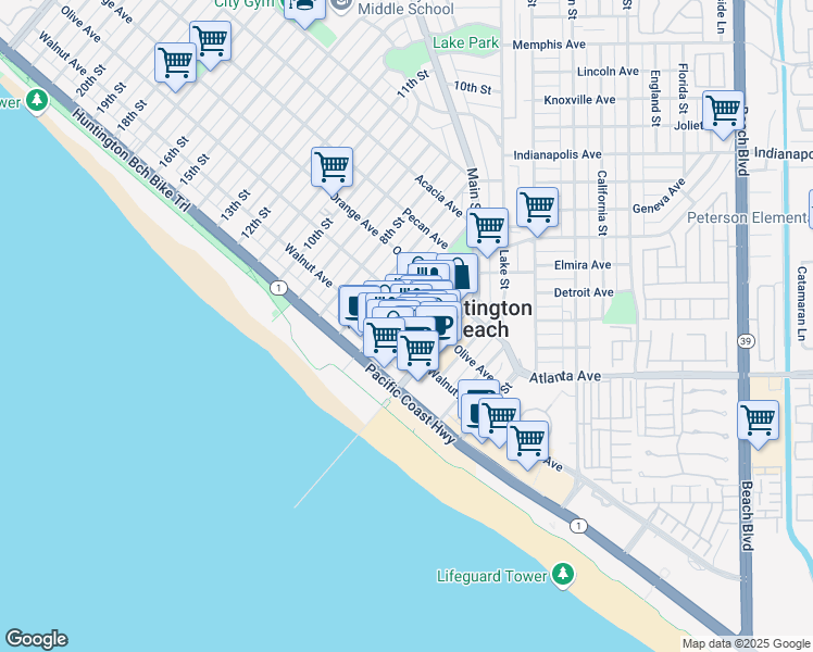 map of restaurants, bars, coffee shops, grocery stores, and more near 225 6th Street in Huntington Beach