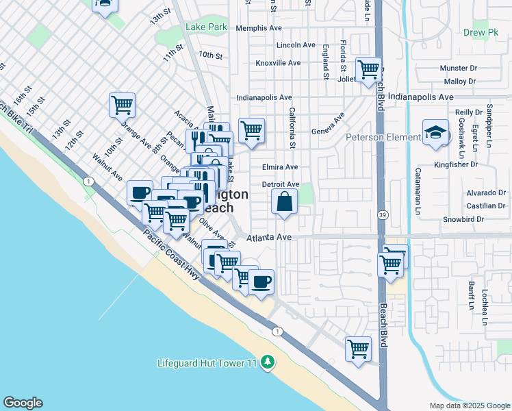 map of restaurants, bars, coffee shops, grocery stores, and more near 206 Chicago Avenue in Huntington Beach