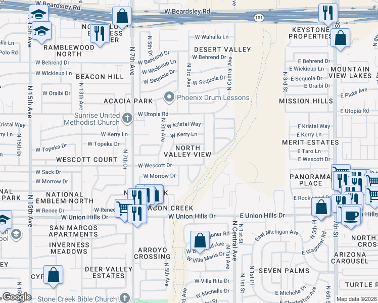 map of restaurants, bars, coffee shops, grocery stores, and more near 314 West Topeka Drive in Phoenix