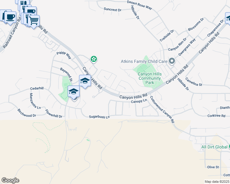 map of restaurants, bars, coffee shops, grocery stores, and more near 33533 Cedar Creek Lane in Lake Elsinore
