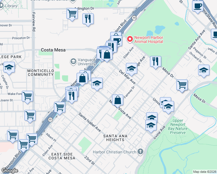 map of restaurants, bars, coffee shops, grocery stores, and more near 2524 Elden Avenue in Costa Mesa