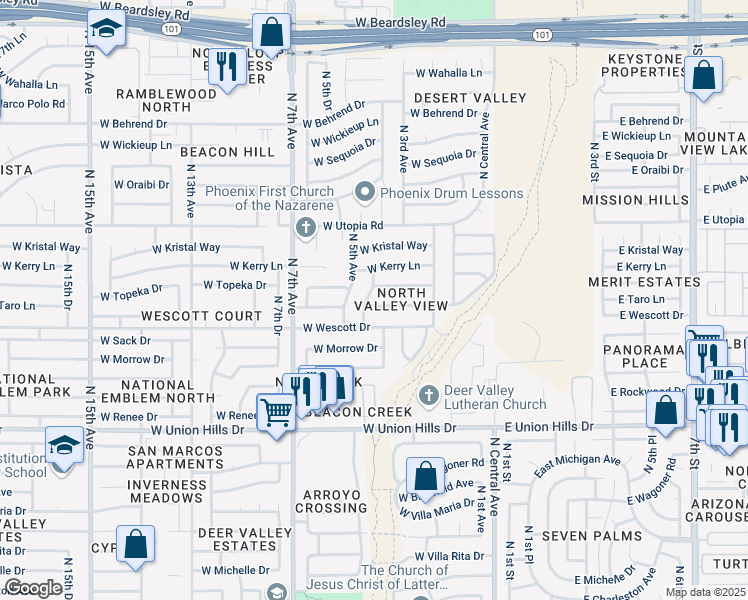 map of restaurants, bars, coffee shops, grocery stores, and more near 338 West Taro Lane in Phoenix