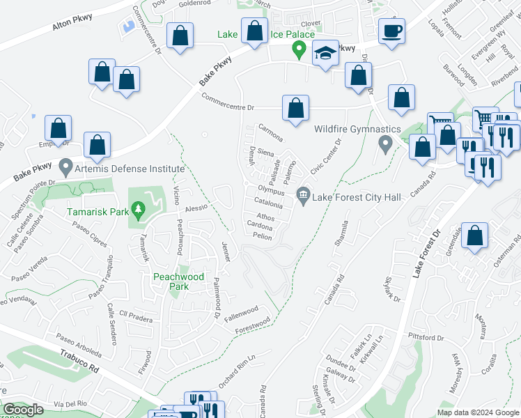 map of restaurants, bars, coffee shops, grocery stores, and more near 545 Catalonia in Lake Forest