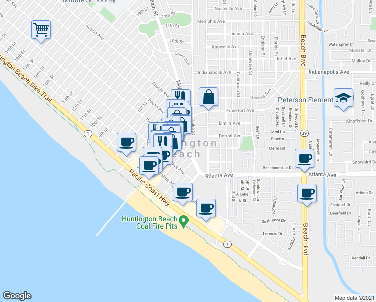 map of restaurants, bars, coffee shops, grocery stores, and more near 402 Lake Street in Huntington Beach