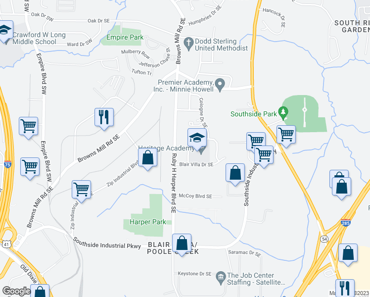 map of restaurants, bars, coffee shops, grocery stores, and more near 3475 Villa Circle Southeast in Hapeville