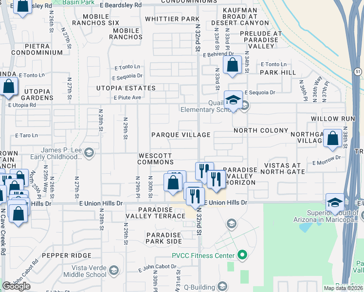 map of restaurants, bars, coffee shops, grocery stores, and more near 3104 East Taro Lane in Phoenix