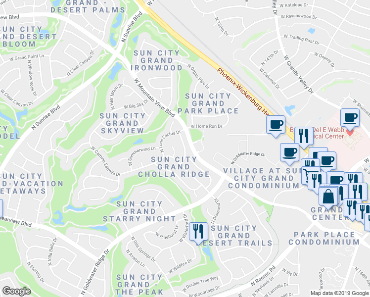 map of restaurants, bars, coffee shops, grocery stores, and more near 19734 North Desert Song Way in Surprise