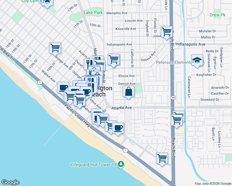 map of restaurants, bars, coffee shops, grocery stores, and more near 206 Chicago Avenue in Huntington Beach