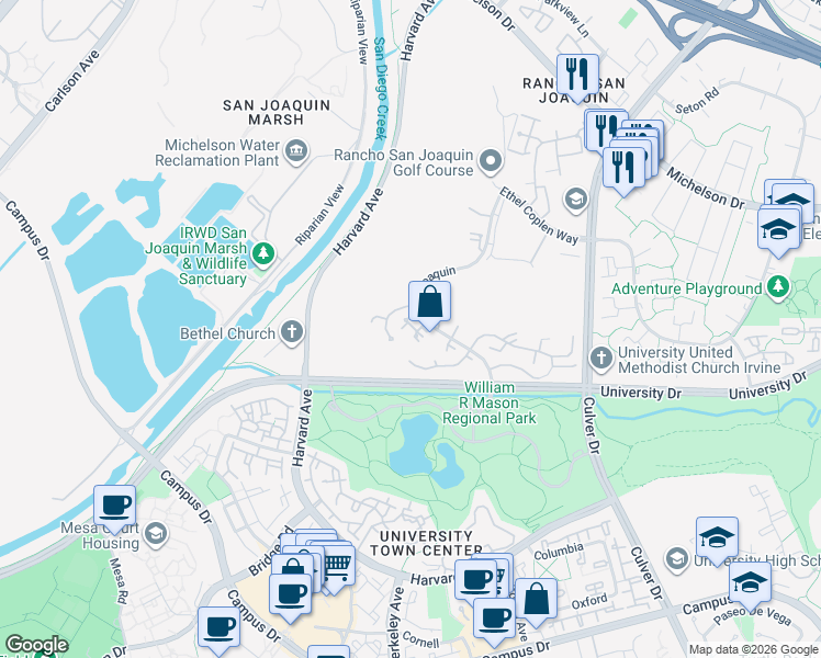 map of restaurants, bars, coffee shops, grocery stores, and more near 24 Nuevo in Irvine