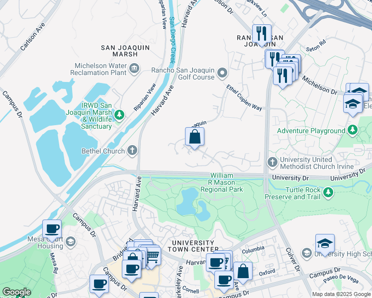map of restaurants, bars, coffee shops, grocery stores, and more near in Irvine