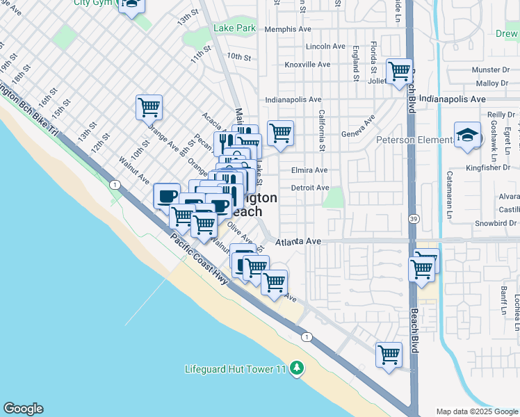 map of restaurants, bars, coffee shops, grocery stores, and more near 320 Lake Street in Huntington Beach