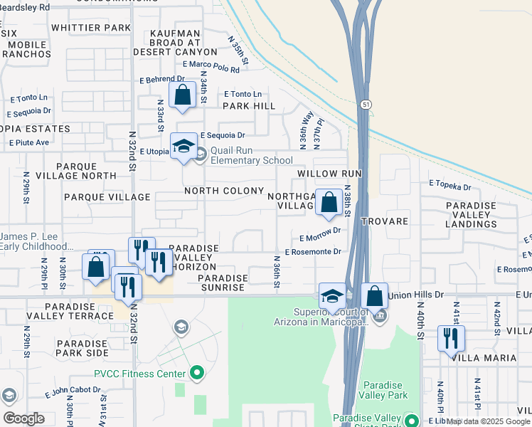 map of restaurants, bars, coffee shops, grocery stores, and more near 3549 East Clark Road in Phoenix