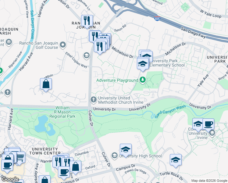 map of restaurants, bars, coffee shops, grocery stores, and more near 14 Mayapple Way in Irvine