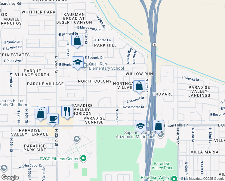 map of restaurants, bars, coffee shops, grocery stores, and more near 3549 East Clark Road in Phoenix