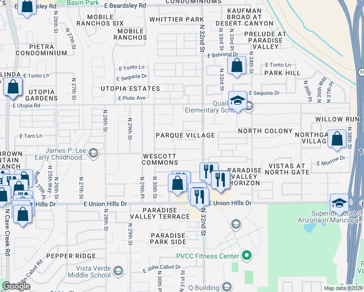 map of restaurants, bars, coffee shops, grocery stores, and more near 3104 East Taro Lane in Phoenix