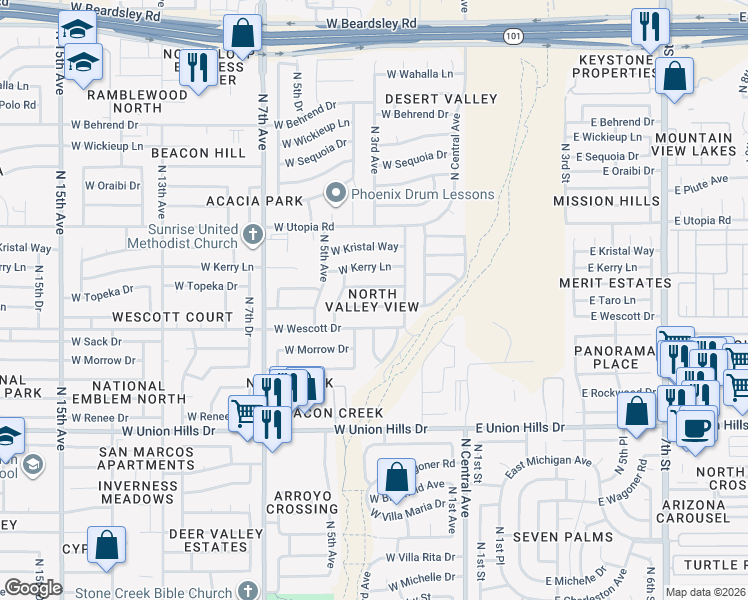 map of restaurants, bars, coffee shops, grocery stores, and more near 314 West Topeka Drive in Phoenix