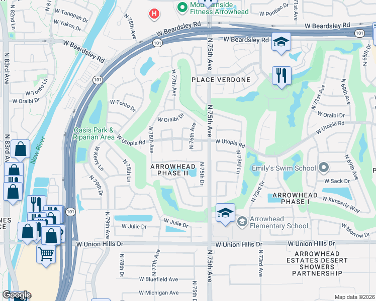 map of restaurants, bars, coffee shops, grocery stores, and more near 19319 North 76th Drive in Glendale