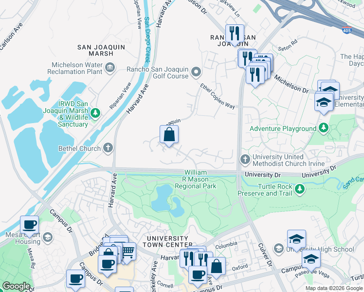 map of restaurants, bars, coffee shops, grocery stores, and more near 10 Lago Norte in Irvine