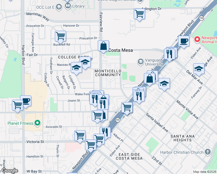 map of restaurants, bars, coffee shops, grocery stores, and more near 2344 Ticonderoga Way in Costa Mesa