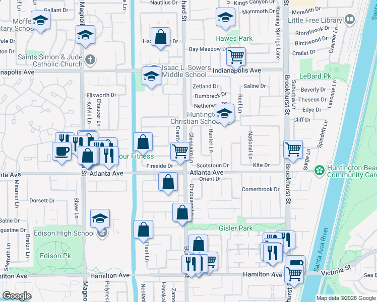 map of restaurants, bars, coffee shops, grocery stores, and more near 20832 Glencairn Lane in Huntington Beach