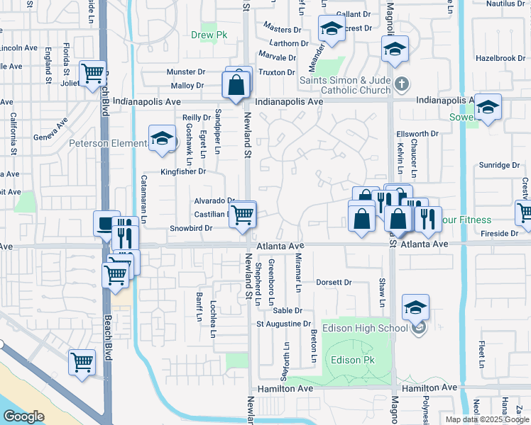 map of restaurants, bars, coffee shops, grocery stores, and more near 8566 Fallbrook Circle in Huntington Beach