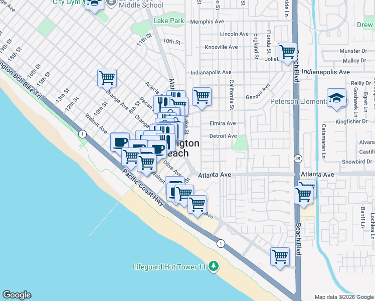 map of restaurants, bars, coffee shops, grocery stores, and more near 410 Lake Street in Huntington Beach
