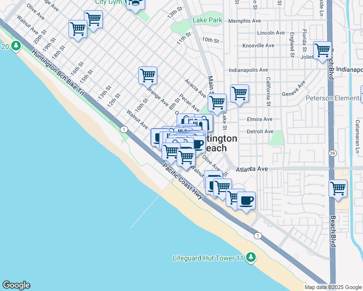 map of restaurants, bars, coffee shops, grocery stores, and more near 225 6th Street in Huntington Beach