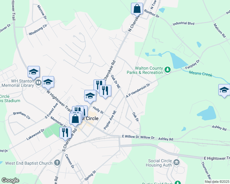 map of restaurants, bars, coffee shops, grocery stores, and more near 191 Oak Drive Northeast in Social Circle