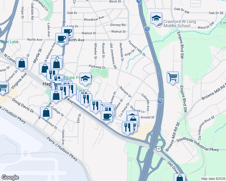 map of restaurants, bars, coffee shops, grocery stores, and more near 63 Central Park Drive in Hapeville