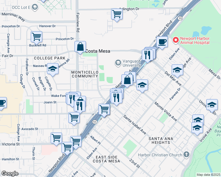 map of restaurants, bars, coffee shops, grocery stores, and more near 2330 Vanguard Way in Costa Mesa