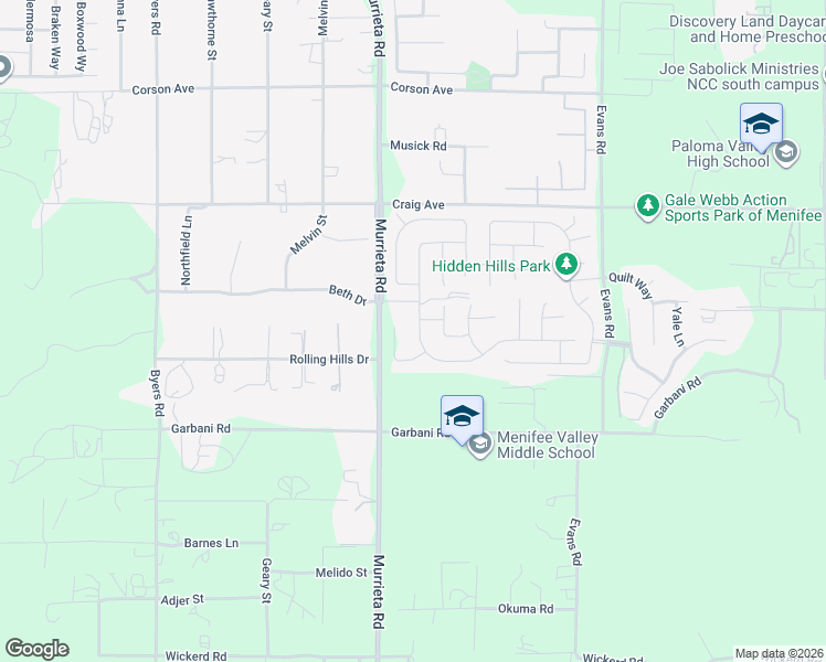 map of restaurants, bars, coffee shops, grocery stores, and more near 26089 Redoak Street in Menifee