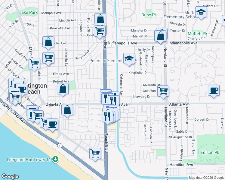 map of restaurants, bars, coffee shops, grocery stores, and more near 20909 Monarch Lane in Huntington Beach