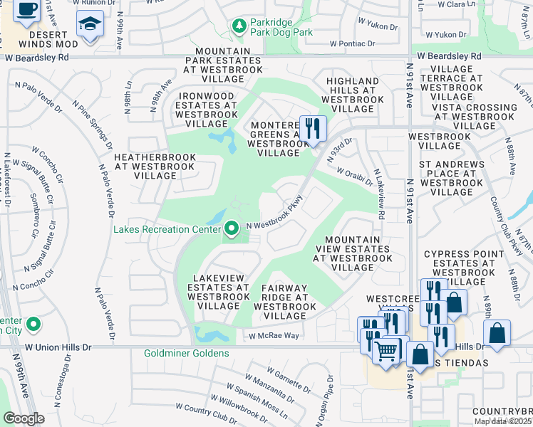map of restaurants, bars, coffee shops, grocery stores, and more near 19400 North Westbrook Parkway in Peoria