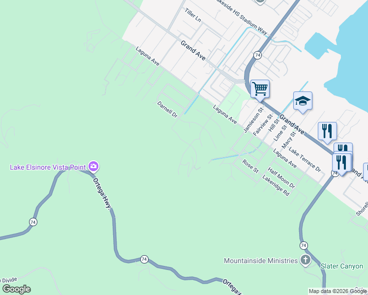 map of restaurants, bars, coffee shops, grocery stores, and more near 33380 Dreycott Way in Lake Elsinore