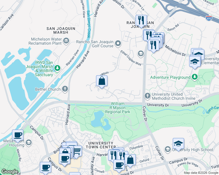 map of restaurants, bars, coffee shops, grocery stores, and more near 16 Lago Norte in Irvine