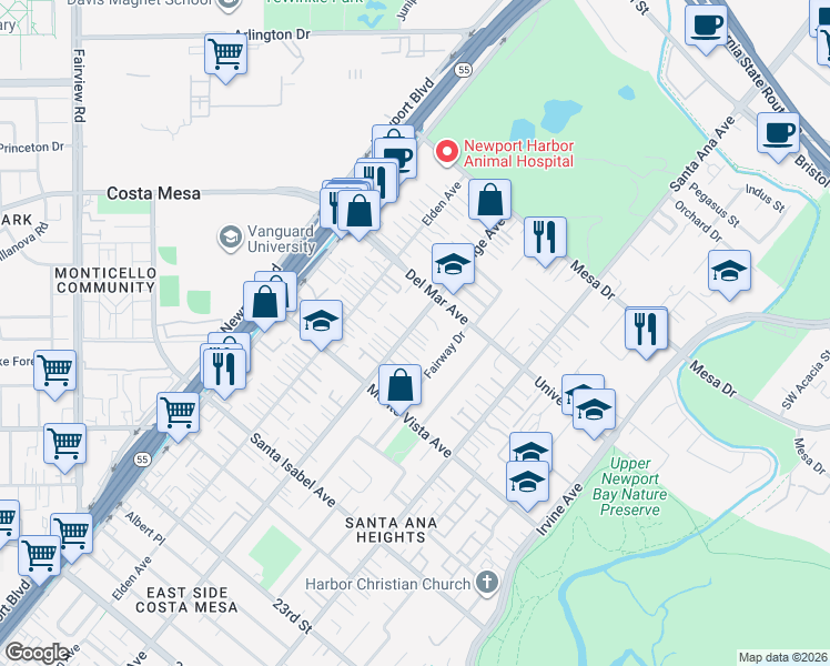 map of restaurants, bars, coffee shops, grocery stores, and more near 2558 Orange Avenue in Costa Mesa