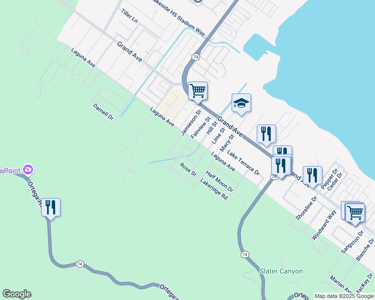 map of restaurants, bars, coffee shops, grocery stores, and more near 15475 Shadow Mountain Lane in Lake Elsinore