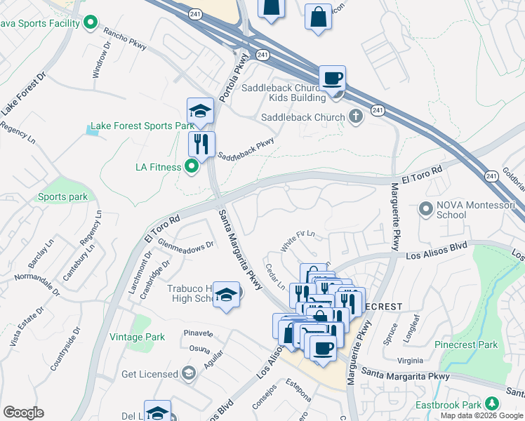 map of restaurants, bars, coffee shops, grocery stores, and more near 164 Pheasant Creek in Lake Forest